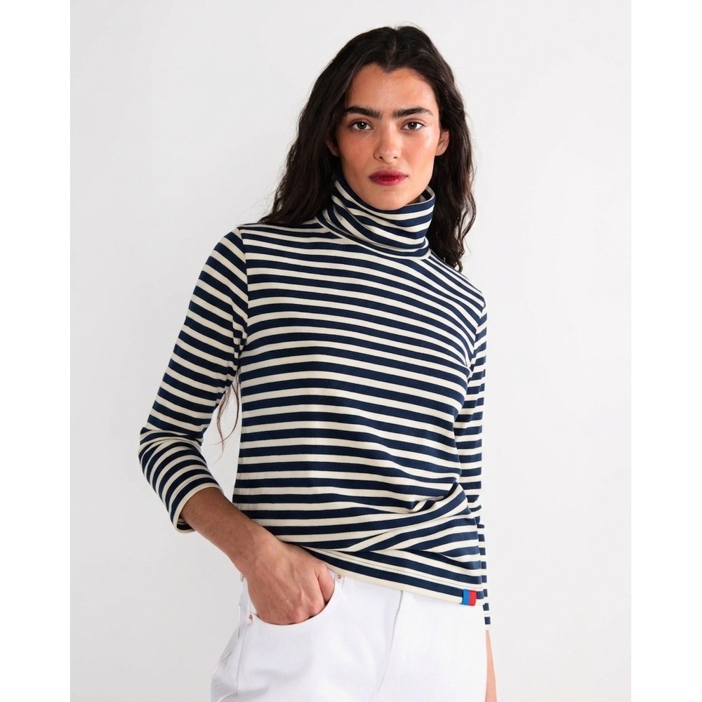 Kule The Striped Turtleneck Long Sleeve Top 100% Cotton Navy Cream Women Small